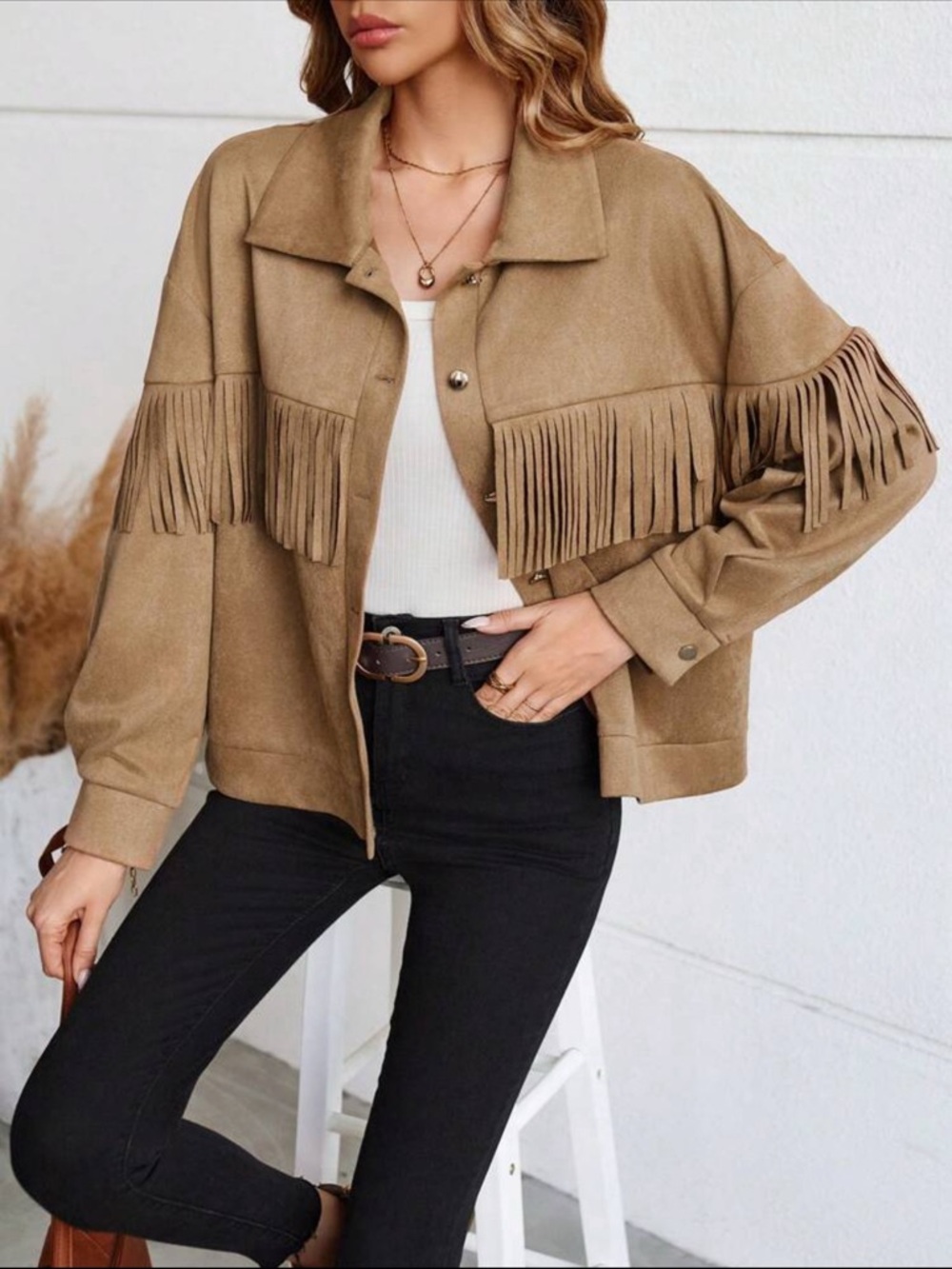 SHEIN Essnce Fringe Trim Drop Shoulder Coat